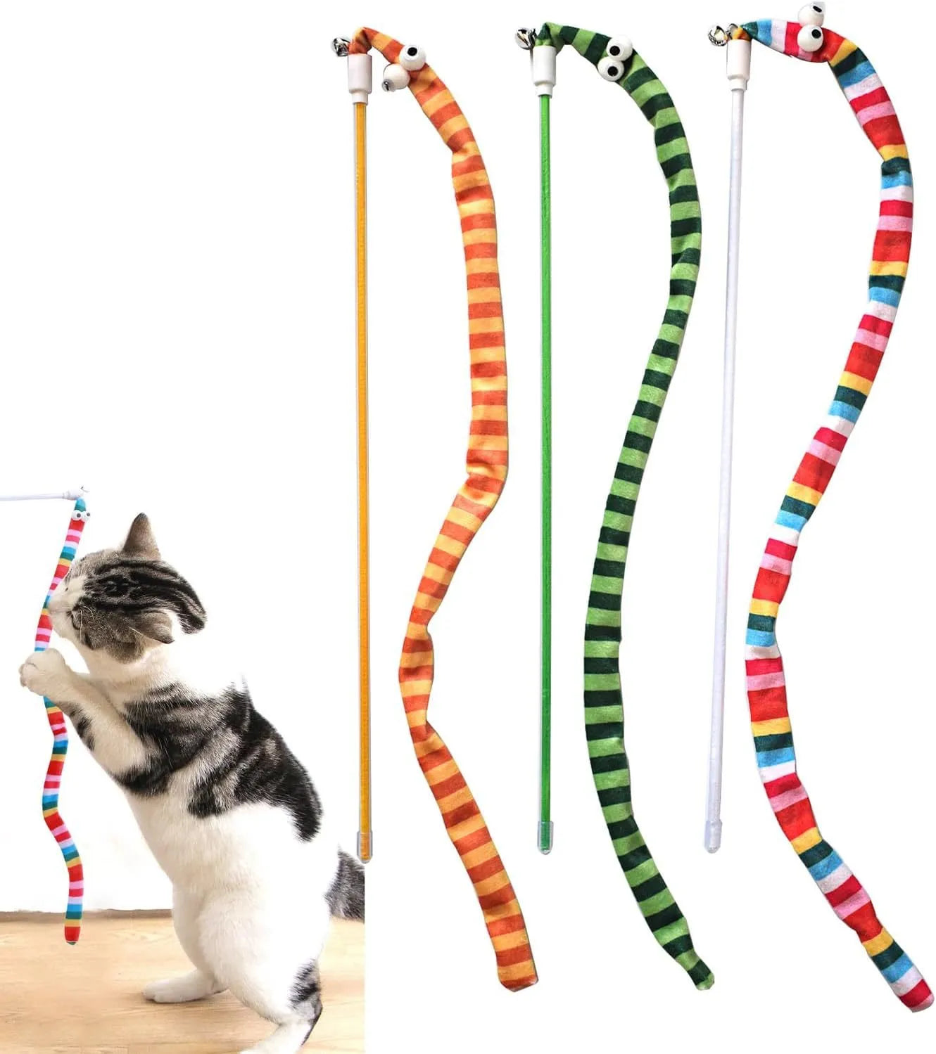 Long plush cat teaser wand toy with polycarbonate handle and colourful soft strip