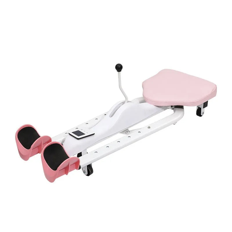 Pink and blue leg stretching hip opener fitness equipment with steel frame and foam padding