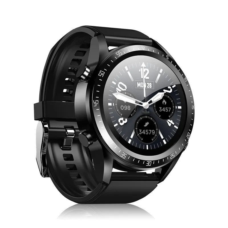 Black smartwatch with silicone strap showing blood pressure and oxygen monitoring on a 1.28-inch screen