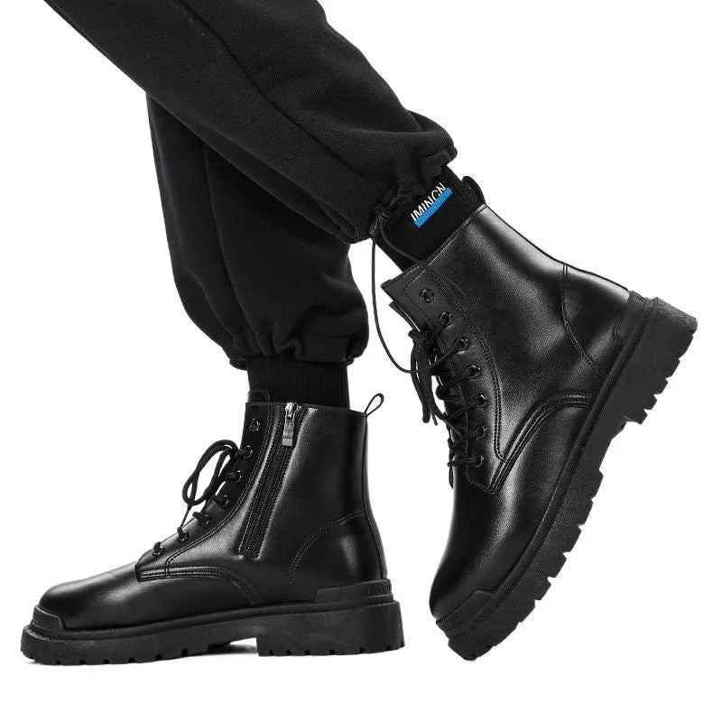 Men's black mid-top British leather boots with rubber sole and lace-up closure