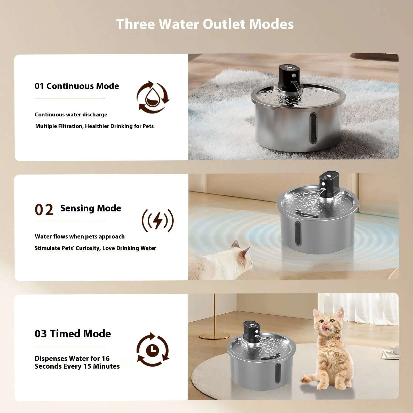 Stainless steel pet water fountain with temperature control base in black or white