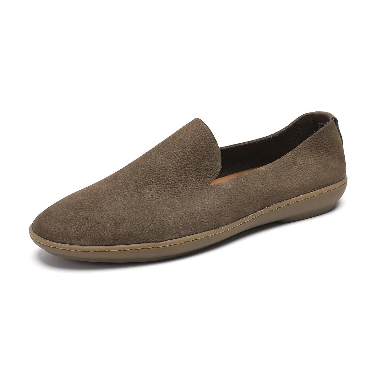 Handmade men's low-top casual shoes in khaki cowhide leather with wedge heel and rubber sole