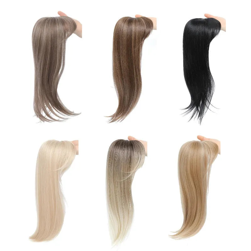 Synthetic clip-in hair extension wig with inner buckle, shown in one of six colour styles.