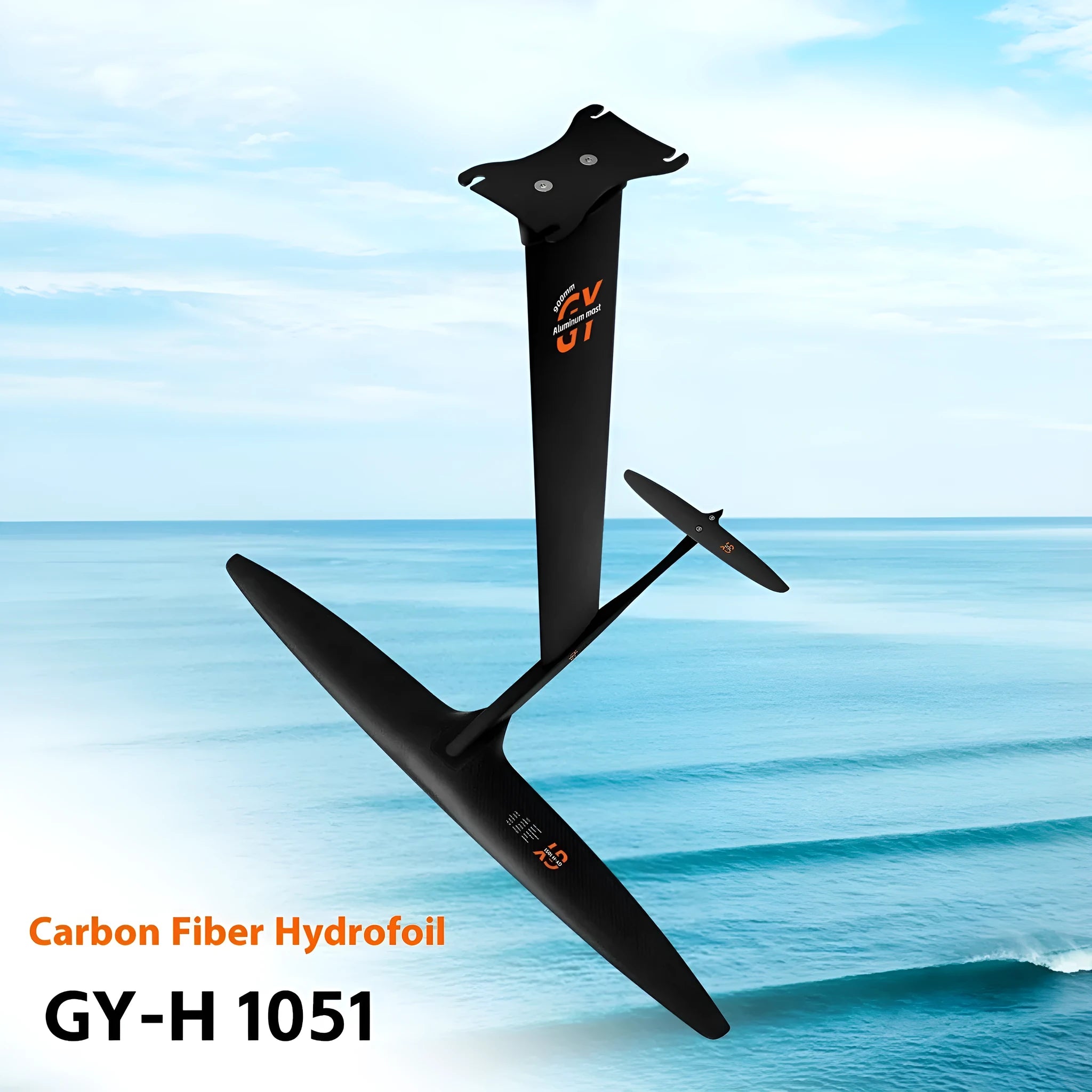 Black racing surfboard hydrofoil with carbon fibre and aluminium alloy construction