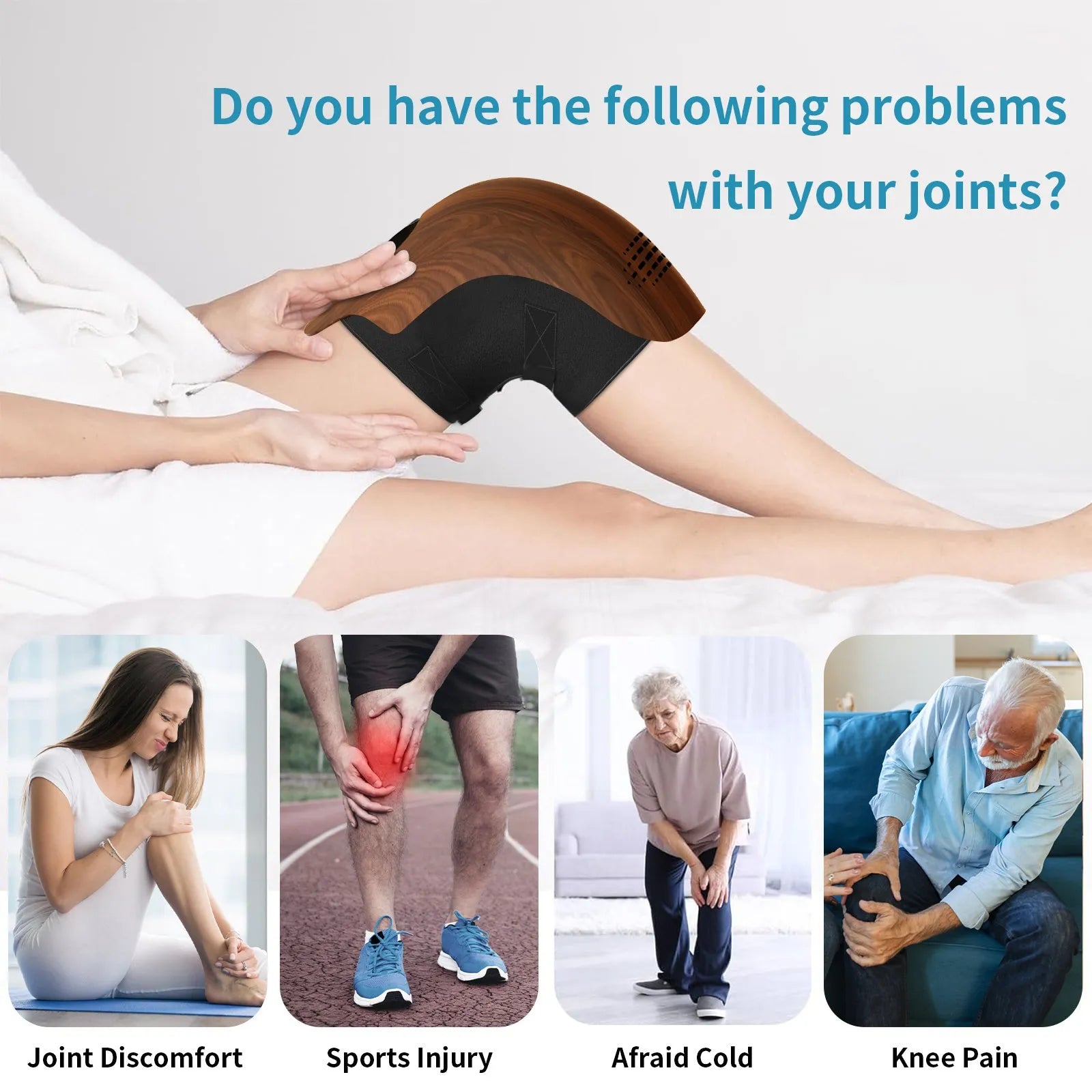 Rechargeable electric knee massager with infrared laser and vibration therapy in white and wood colour options