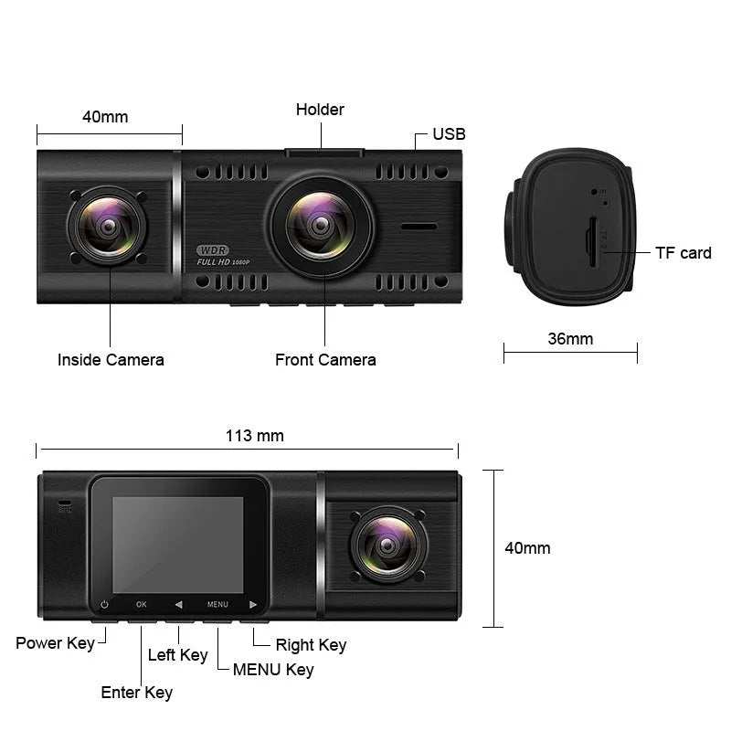 Black 1080p dual recording car dash camera with 1.5 inch screen on a windscreen stand.