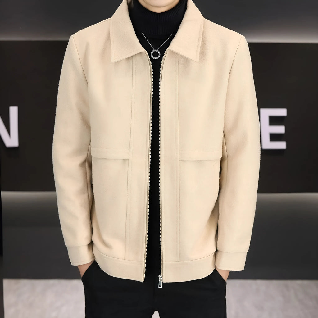 Men's khaki cotton blend polo collar jacket with side seam pockets