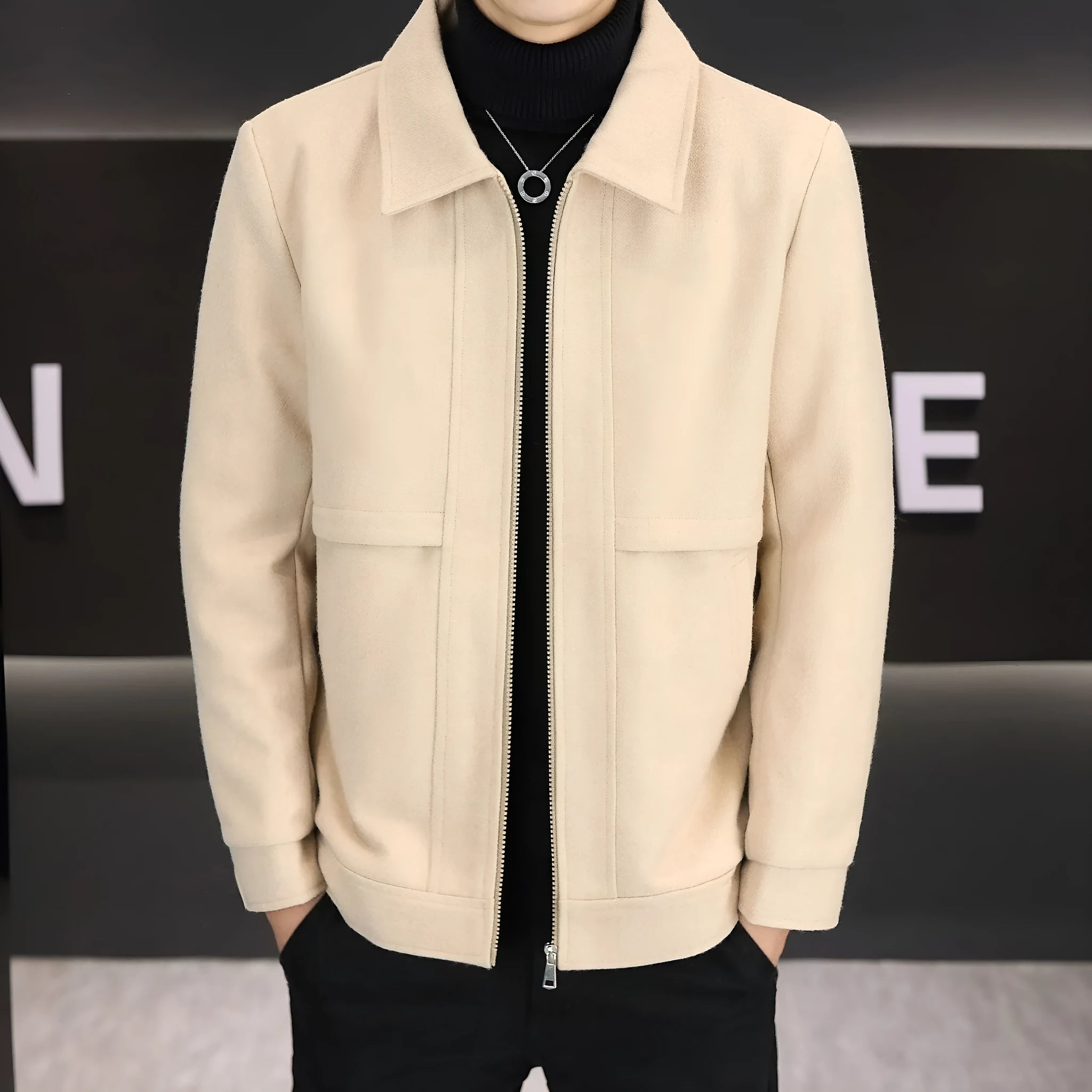 Men's khaki cotton blend polo collar jacket with side seam pockets