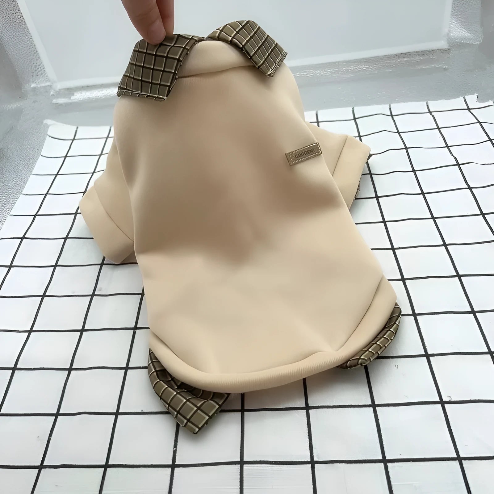 Dog wearing two-piece collar sweater with detachable hoodie in thin velvet polyester material