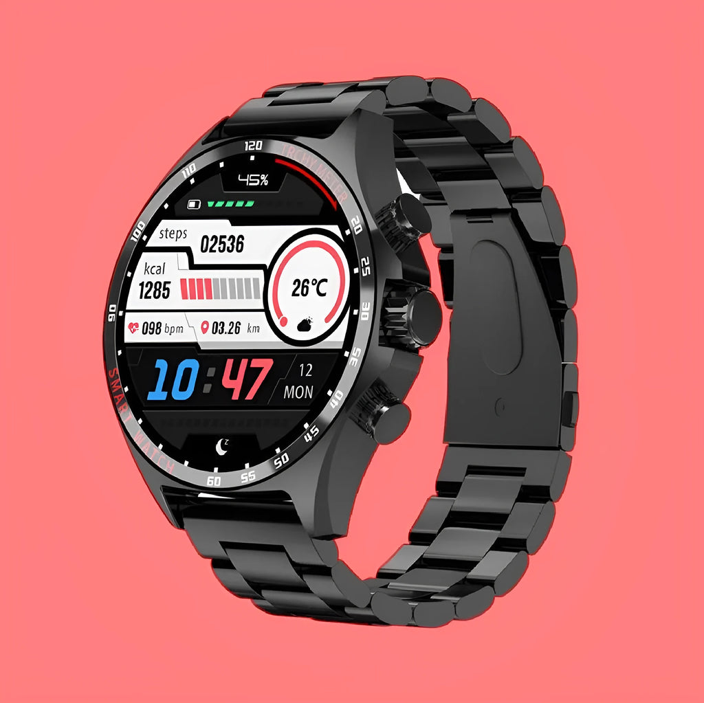 Smart watch with health monitoring display showing heart rate and fitness metrics