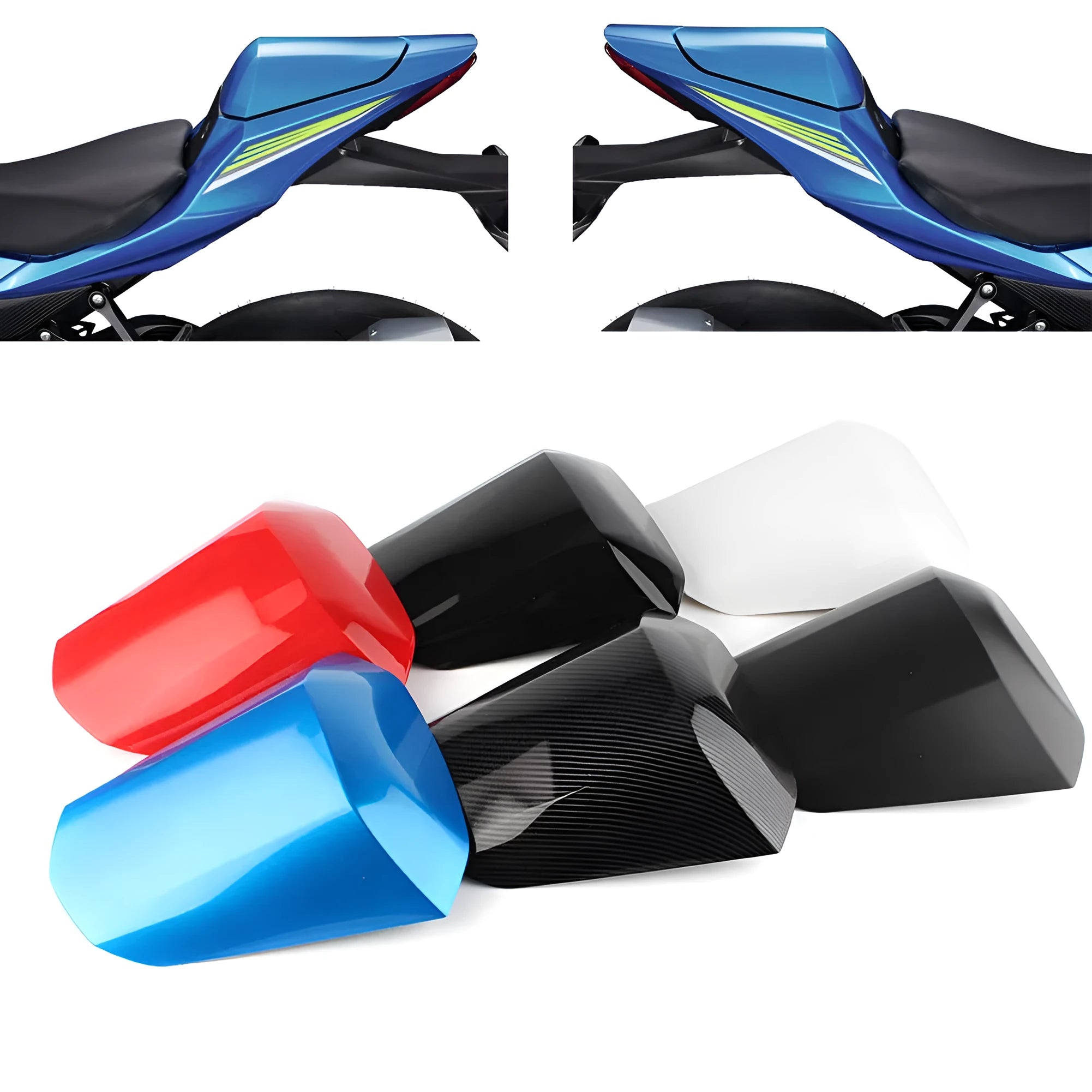 GSXR1000 motorcycle rear seat cowl cover in ABS plastic shown in selected colour options