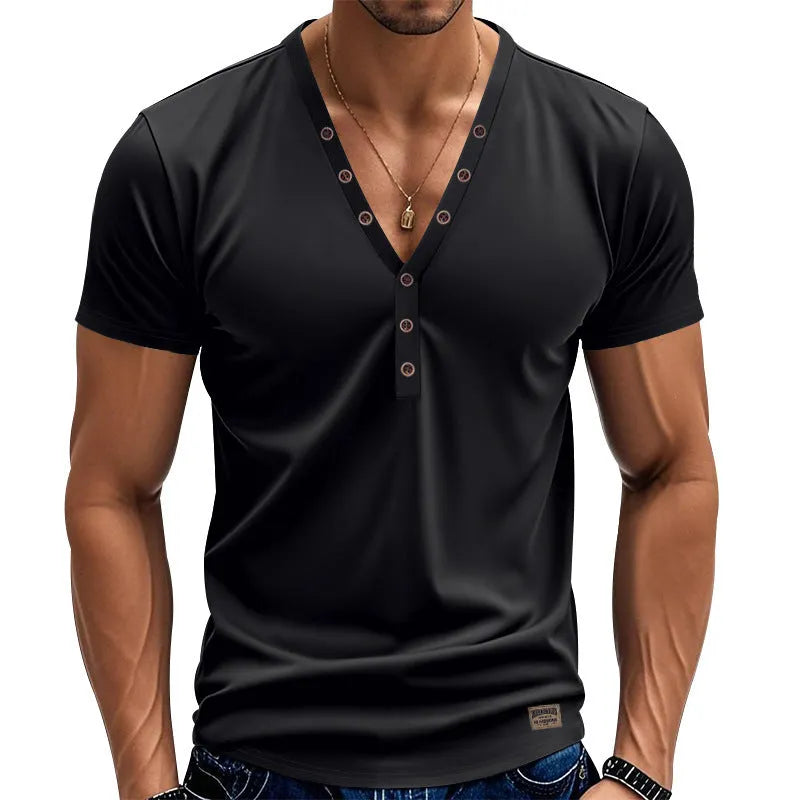 Men's loose-fit solid colour V-neck pullover with button detail on a hanger