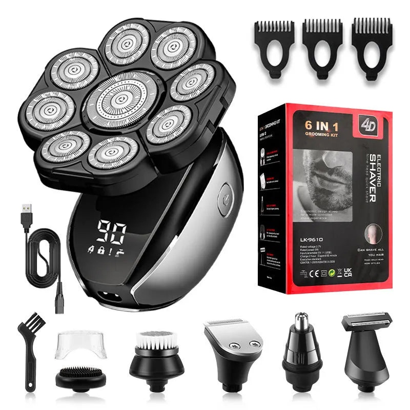 Black rechargeable 6-in-1 hair clippers and shaver kit with multiple attachments laid out