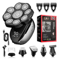 Black rechargeable 6-in-1 hair clippers and shaver kit with multiple attachments laid out