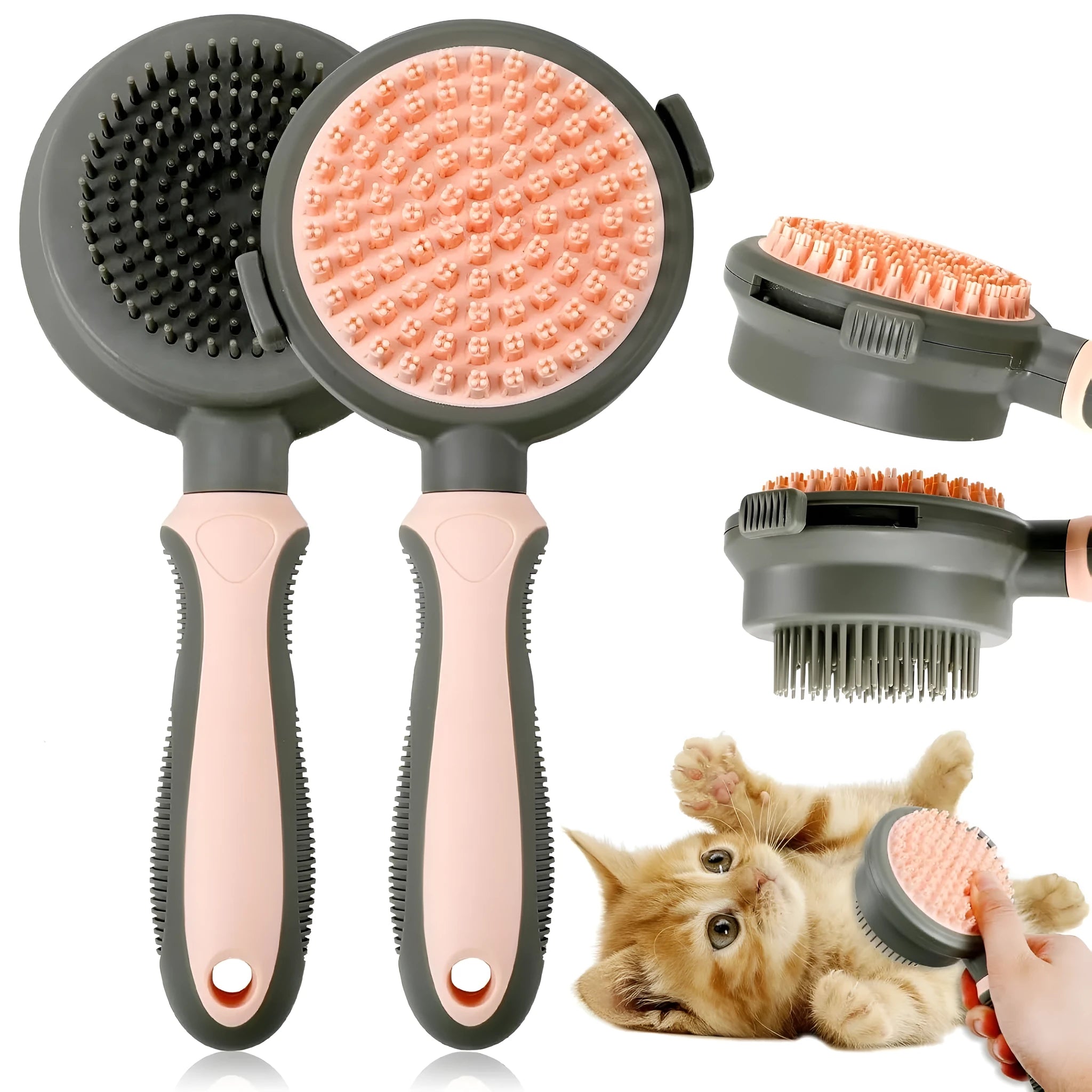 Double-sided pink cat brush with release button and a separate black flea comb on a white background.