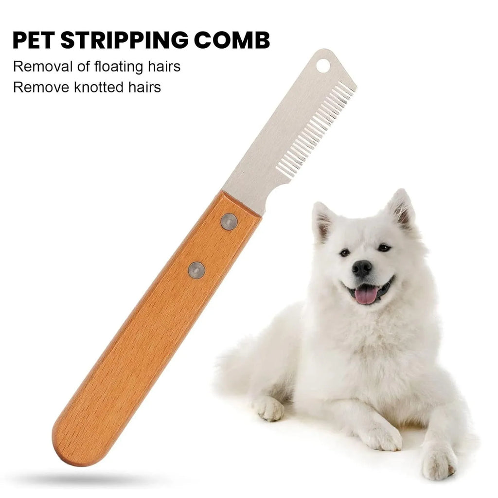 Pet stripping comb with wood handle for removing floating hair and mats from dogs and cats.