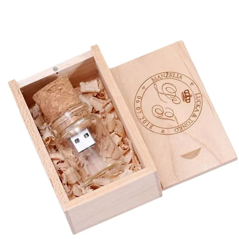 Transparent wooden wish drift bottle shaped USB flash drive on white background.