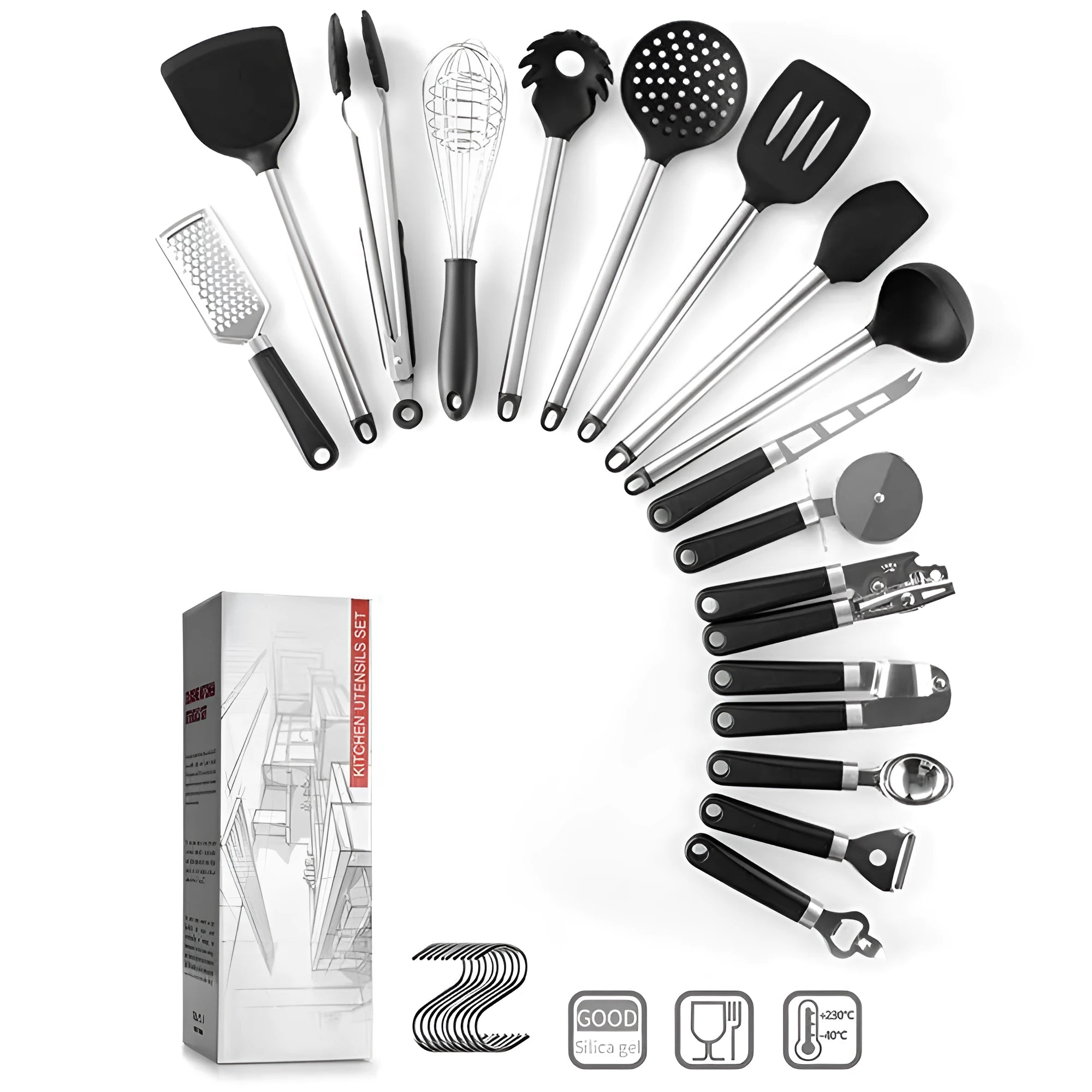 Black silicone kitchen utensil set with stainless steel handles showing 16 cooking tools