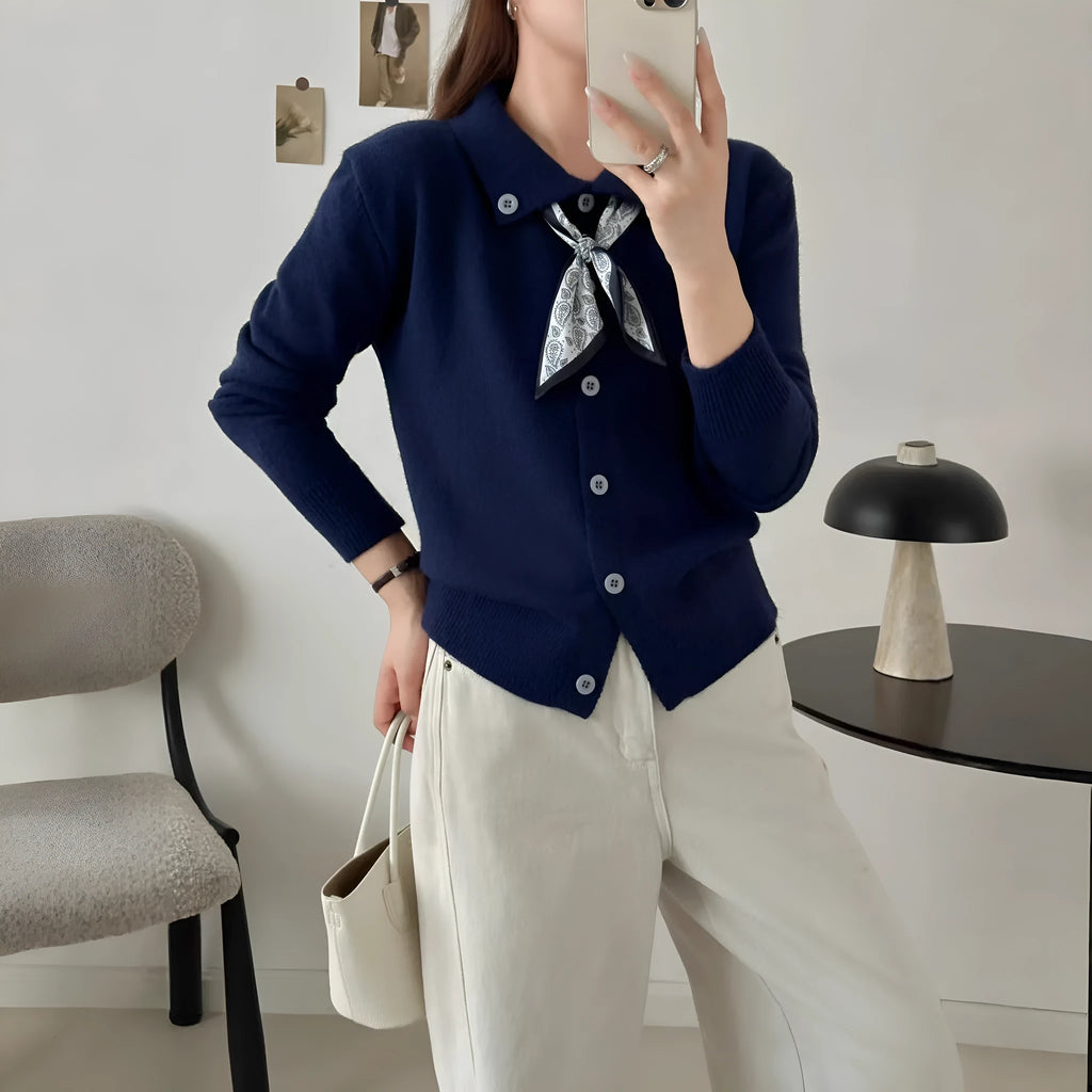 Acrylic lapel scarf cardigan in beige, grey, or navy blue, shown as a long-sleeve free-size garment.