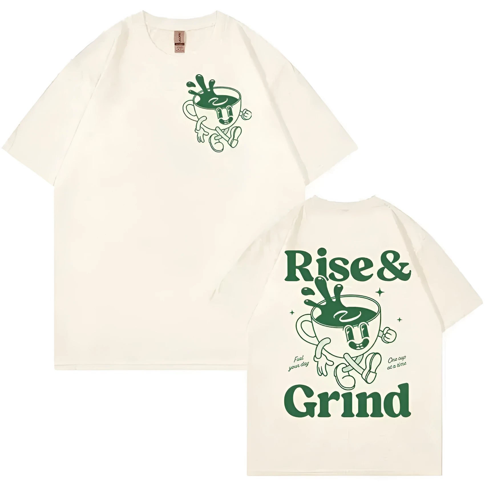 Loose fit linen t-shirt featuring a Rise And Grind Green Coffee Fun Expression Bag Cartoon print.