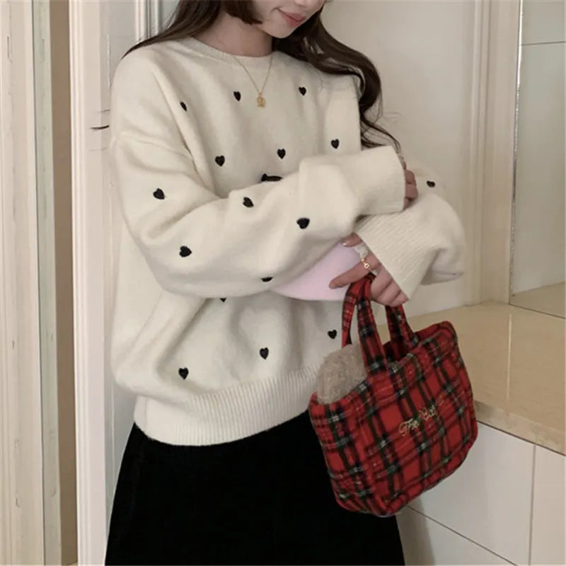 Women's acrylic pullover sweater with embroidery detailing in loose fit, crew neck and long sleeves