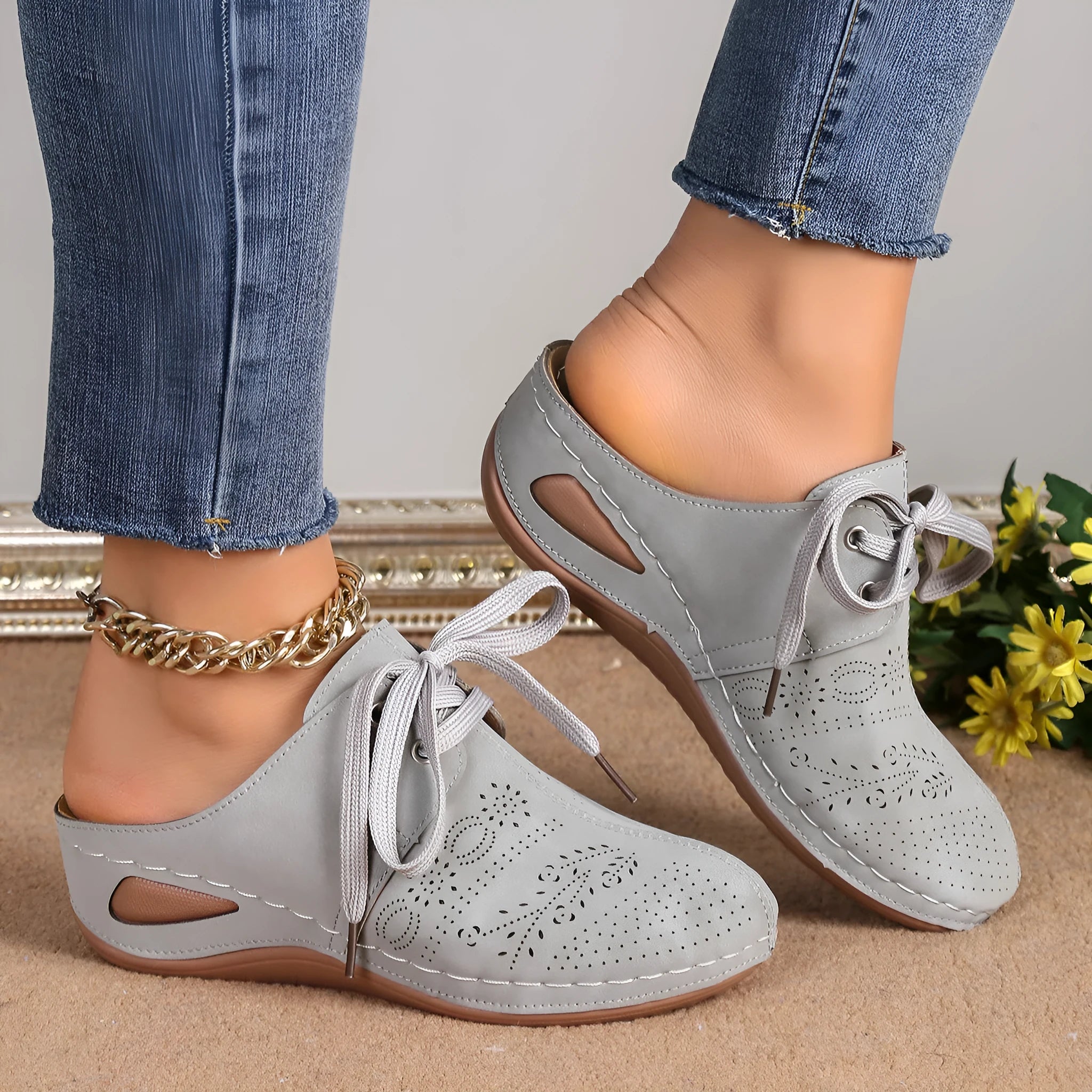 Women's summer lace-up slippers with hollow out wedges in suede and rubber construction