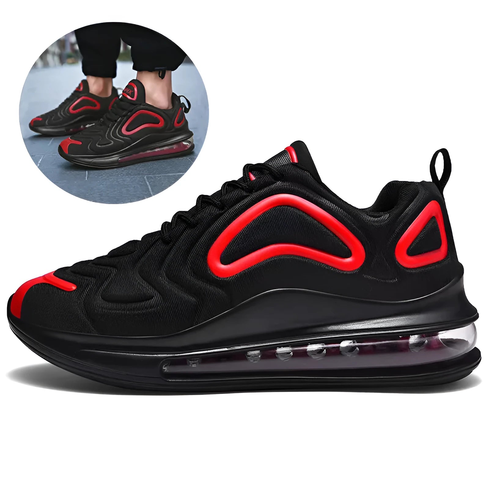 Men's black casual running sneakers with air cushion, lace-up front, and thick sole.