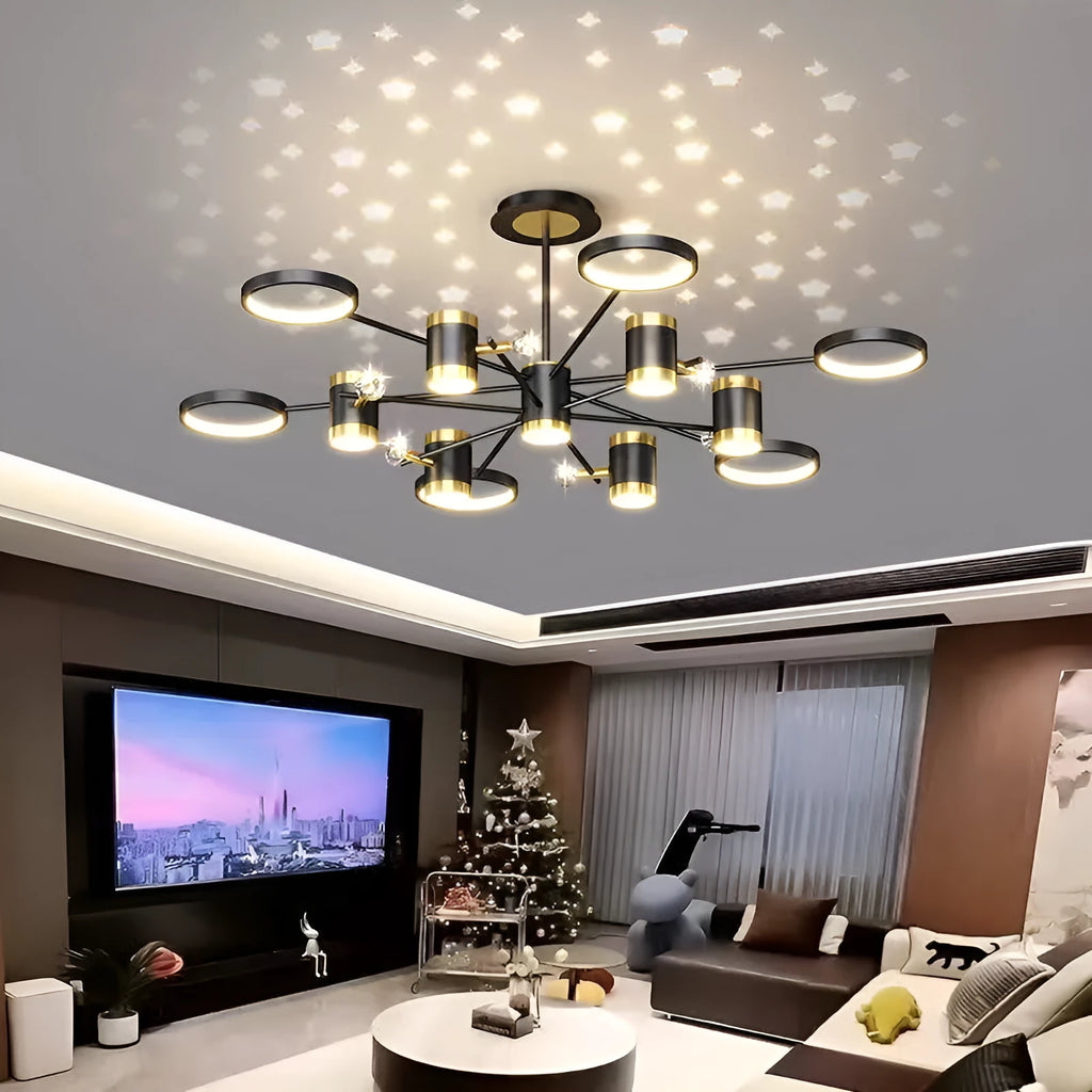 Black iron pendant chandelier with 13 star lamp heads and adjustable suspension