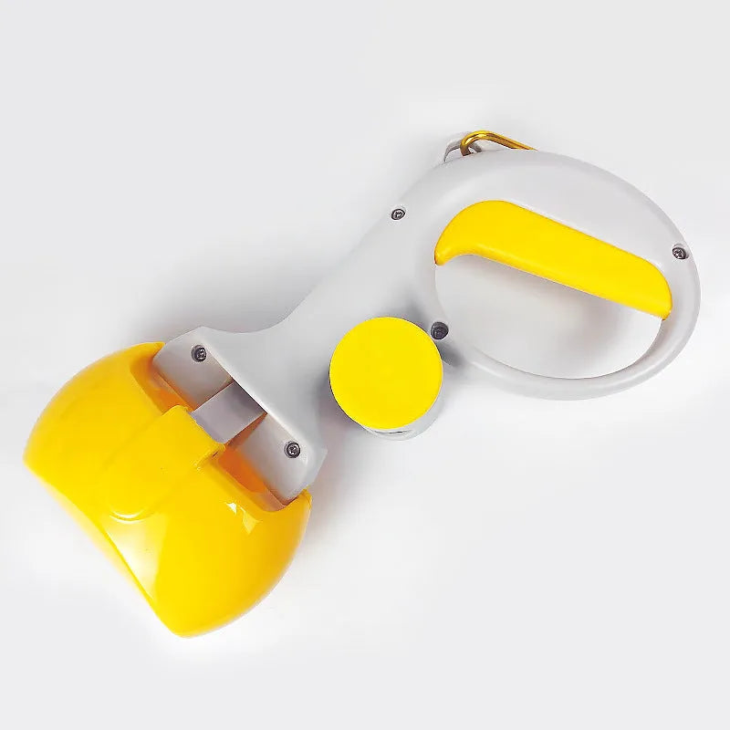 Blue plastic pet pooper scooper with built-in trash bag storage compartment and top hook.