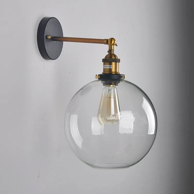 20cm round ball glass wall lamp with aluminium holder in amber, grey or clear colour