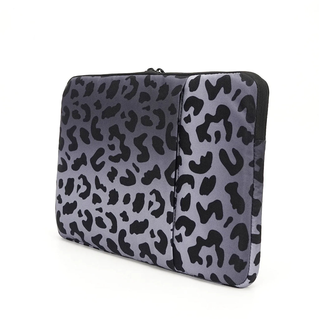 Leopard print laptop sleeve for 13-inch to 16-inch devices with waterproof polyester and anti-shock lining.