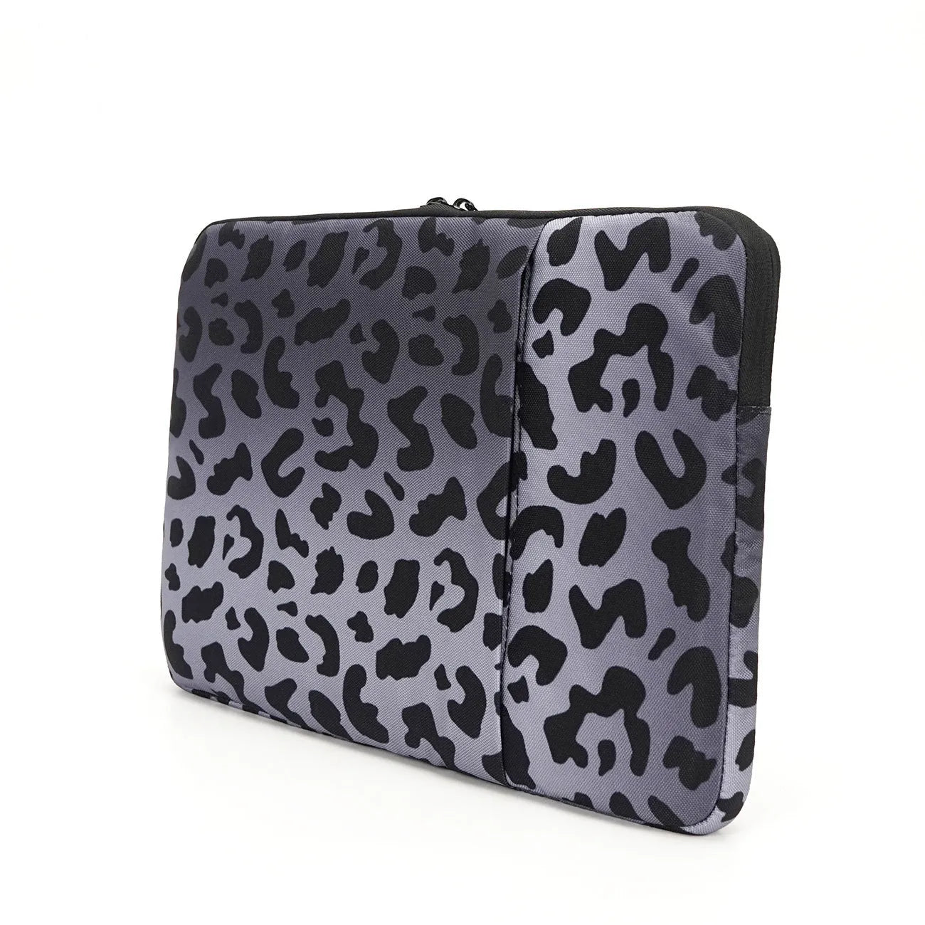 Leopard print laptop sleeve for 13-inch to 16-inch devices with waterproof polyester and anti-shock lining.