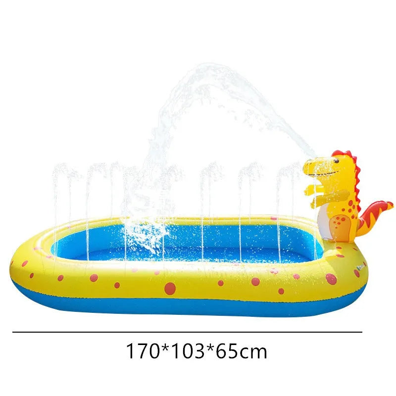Blue dinosaur water spray pool with built-in splash nozzles for kids' outdoor play