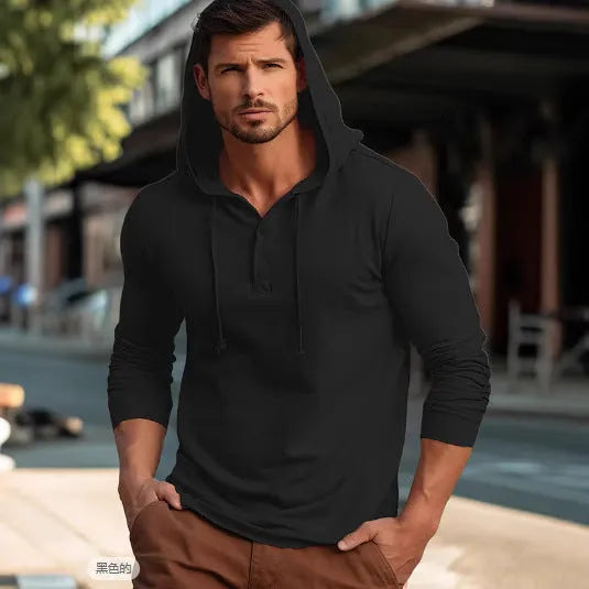 Cotton pullover hoodie in dark blue with long sleeves and European/American sizing