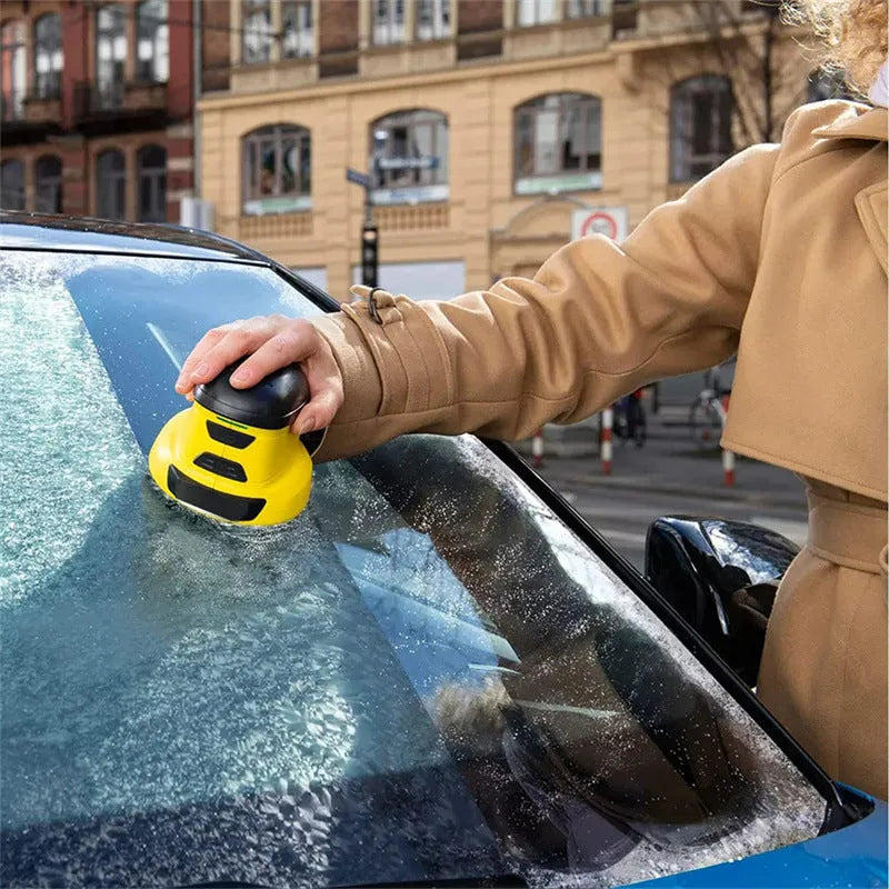 Yellow cordless electric ice scraper for car windows with lithium battery and USB charging