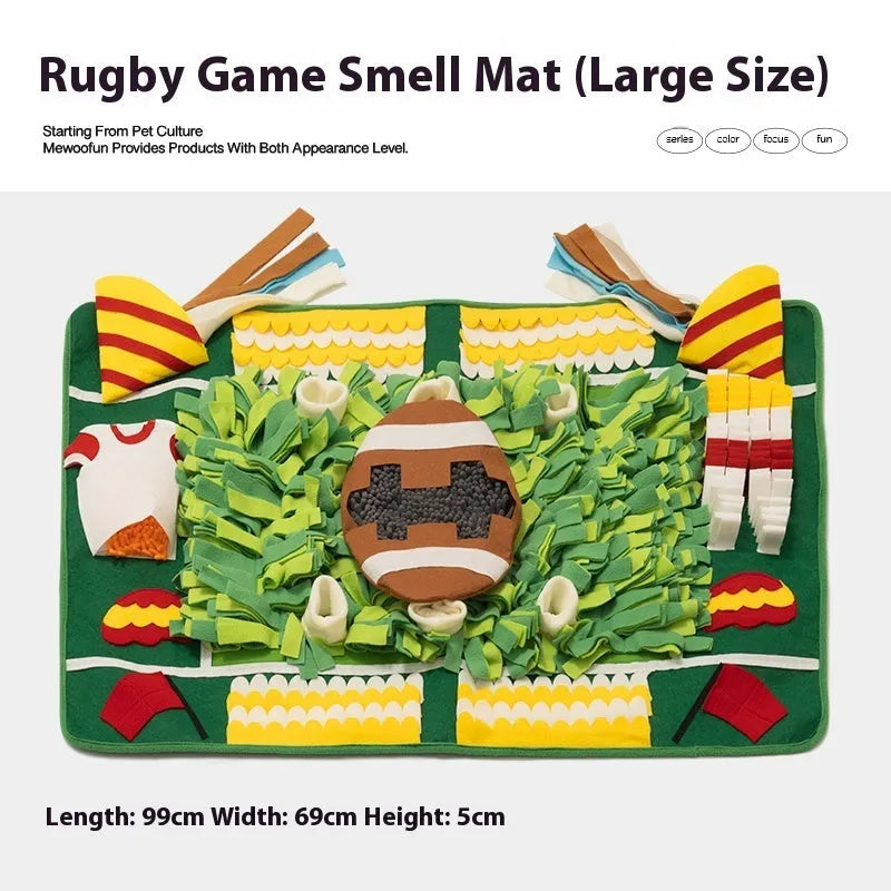 Themed dog sniffing mat with garden camping design hiding treats in fabric folds