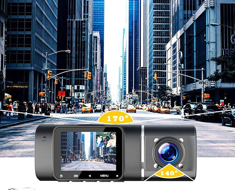 Black 1080p dual recording car dash camera with 1.5 inch screen on a windscreen stand.