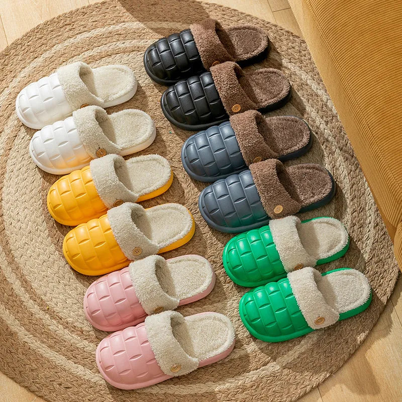Plaid detachable EVA slippers with plush lining, shown in pink, with a round toe and flat sole.