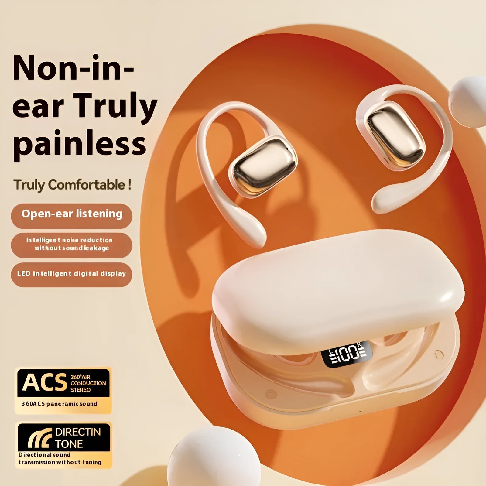 Creative design ear-mounted headphones with digital display in skin colour, black, or white options