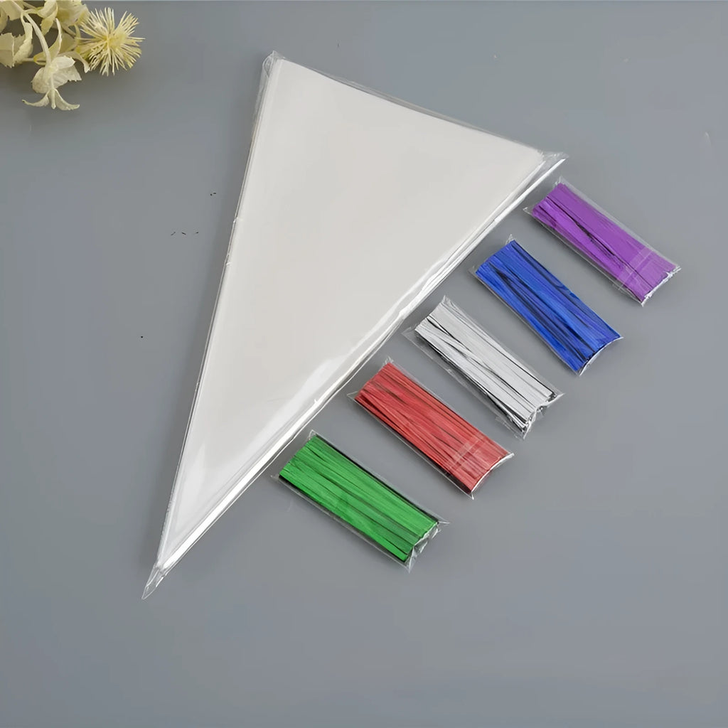 Clear triangular OPP plastic packaging bag with a twisted wire seal, shown next to a pack of bags.