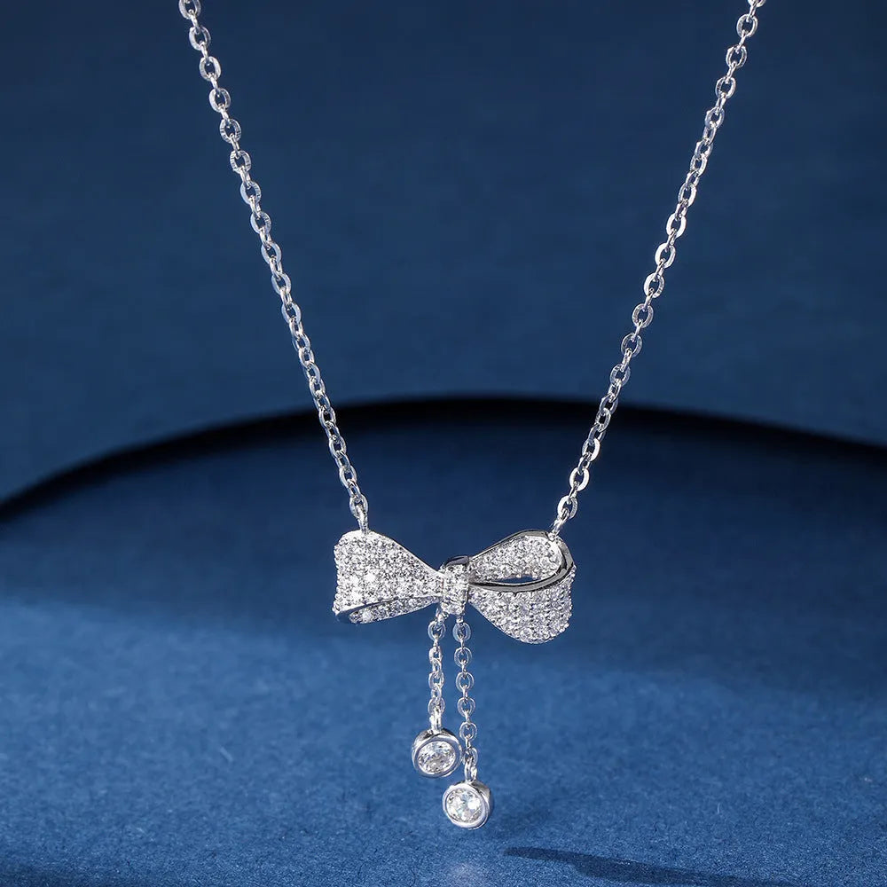 S925 sterling silver bow necklace with adjustable 40-45cm O-ring chain
