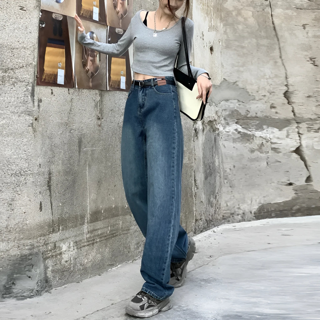 Women's high waist straight leg jeans in retro blue cotton denim fabric