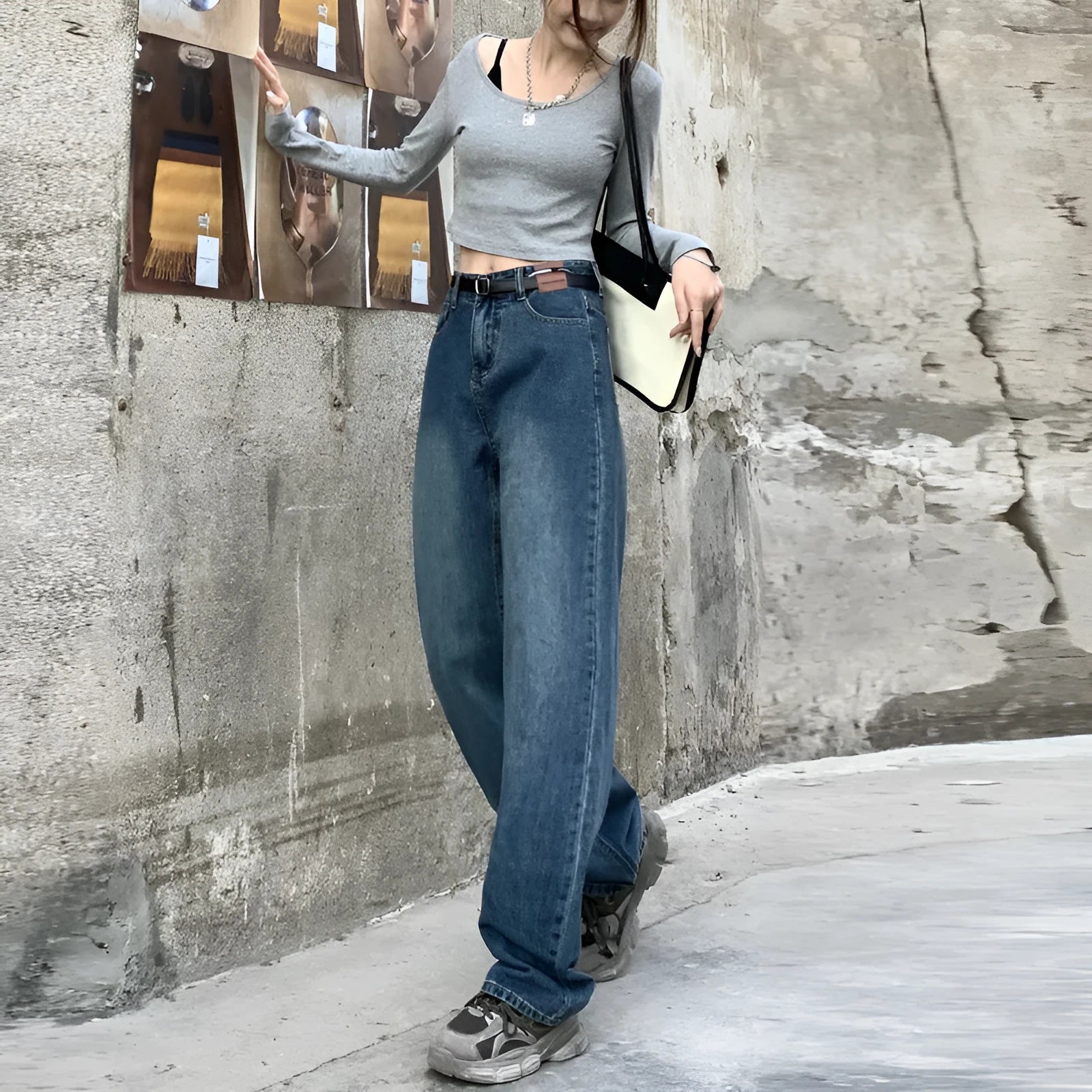 Women's high waist straight leg jeans in retro blue cotton denim fabric