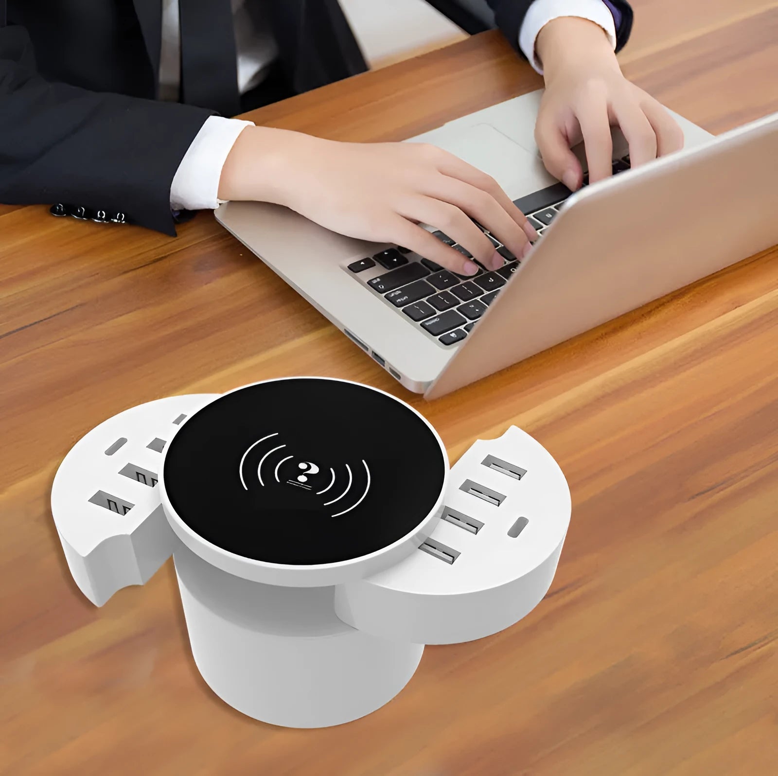 Ceramic white multi-port wireless circular charger with 8A output and international plug compatibility