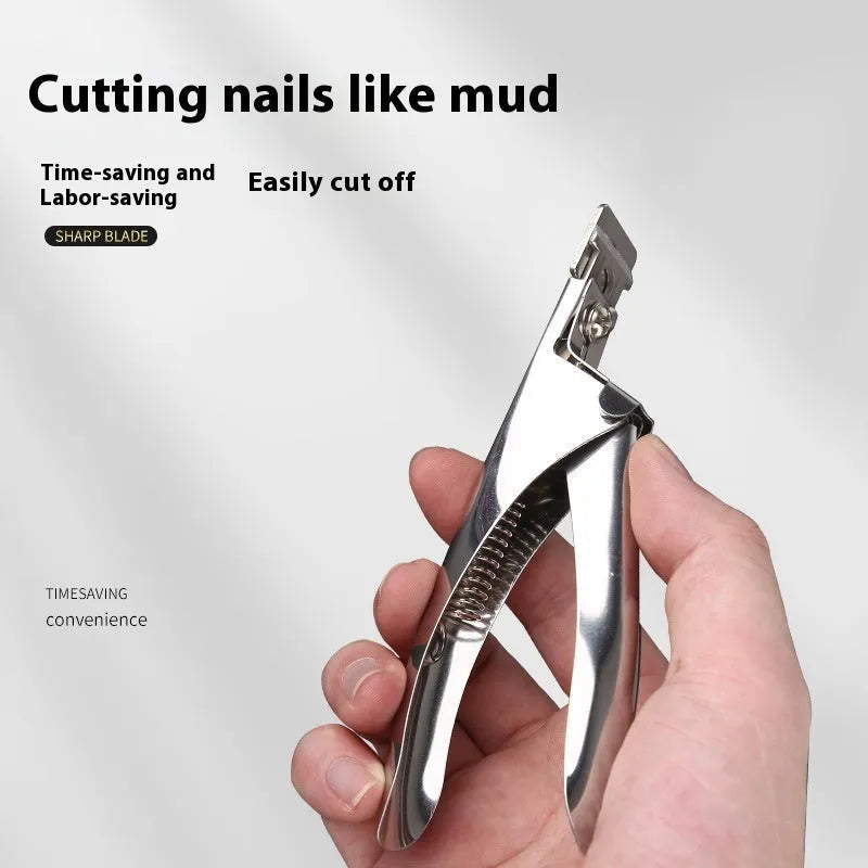 Stainless steel French U-shaped nail art scissors shown in electrophoresis black, colour titanium, and silver thin handle options.
