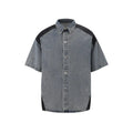 Retro washed denim jeans suit comprising a short-sleeved jacket and full-length trousers in blue