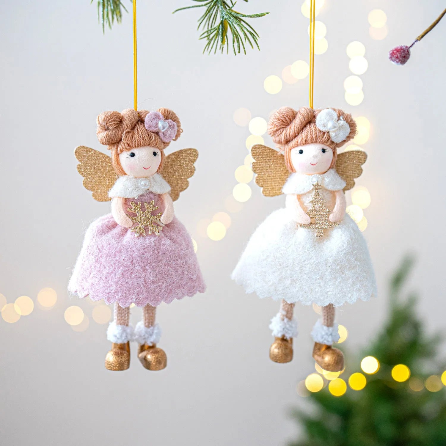 Christmas angel wings plush pendant in pink and white cloth fabric