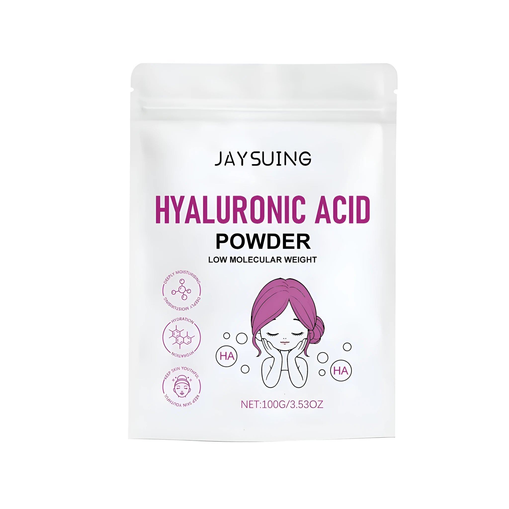 100g container of hyaluronic acid powder for DIY face masks with applicator and scoop