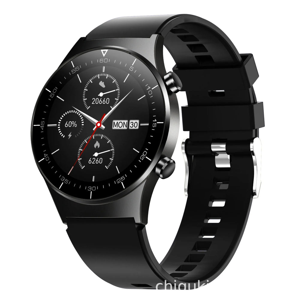 Black smartwatch with 1.3-inch glass touchscreen displaying heart rate and step count data on TPU wristband