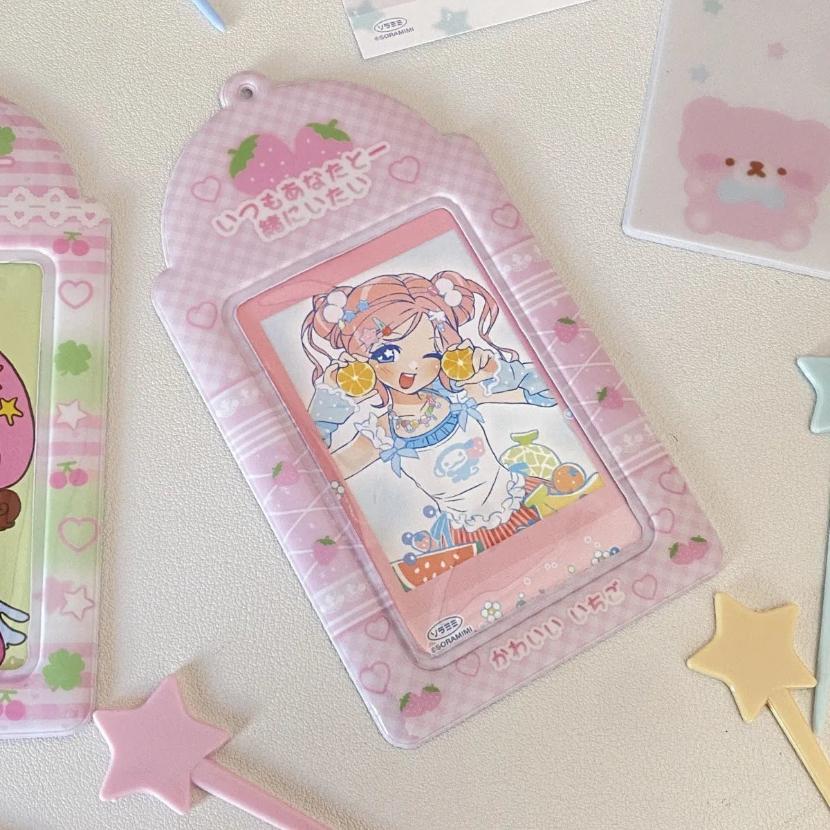 PVC cartoon meal card holder with clear sleeve showing Strawberry and Four-Leaf Clover design options